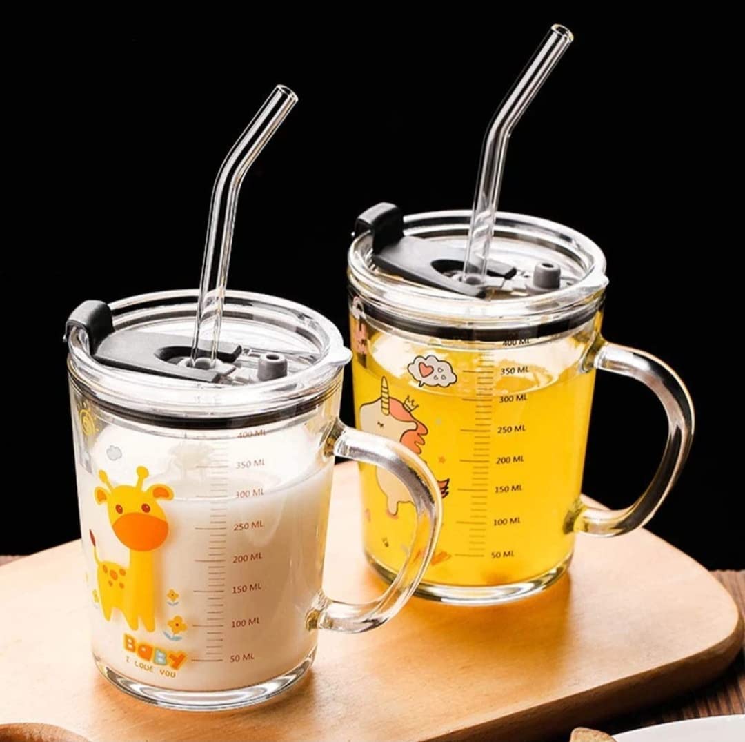 Unicorn-Shaped 350ml Glass Mug with Straw & Lid – Kids’ Cartoon Drinkware