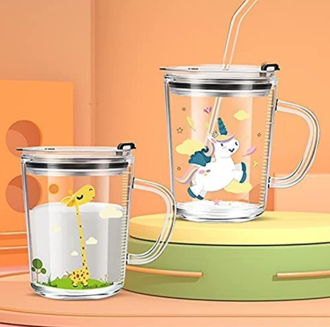 Unicorn-Shaped 350ml Glass Mug with Straw & Lid – Kids’ Cartoon Drinkware