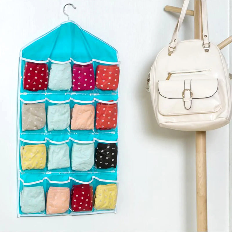 16-Pocket Multifunctional Hanging Organizer – Clear Door/Wall Storage Bag for Baby Clothes, Socks & Accessories