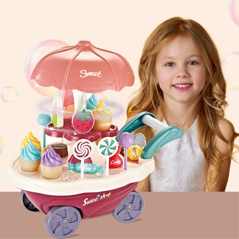 30 Pcs Plastic Ice Cream Candy Play Cart Kitchen Set Toy With Lights And Music For Kids