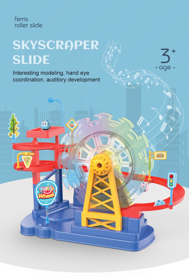 Electric Ferris Wheel Slide Railcar Track Toy With Music Light Assembling Play Interactive Educational Toy
