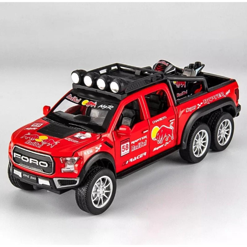 Red Bull Diecast Ford Raptor F150 6×6 Pickup Metal Model Pull Back With Light & Sound Car