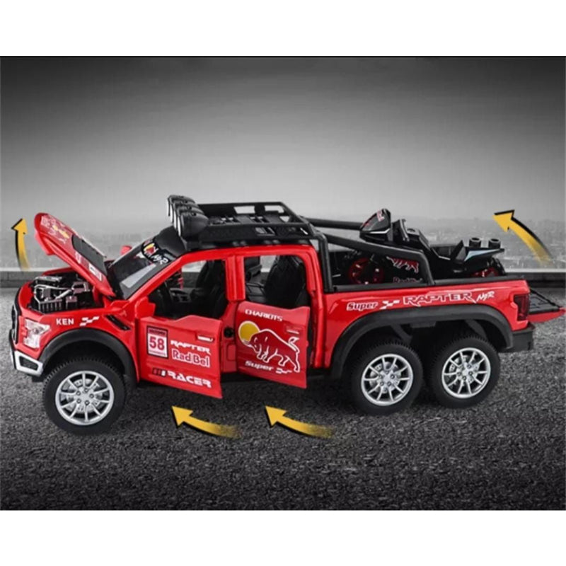 Red Bull Diecast Ford Raptor F150 6×6 Pickup Metal Model Pull Back With Light & Sound Car