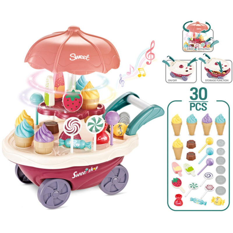 30 Pcs Plastic Ice Cream Candy Play Cart Kitchen Set Toy With Lights And Music For Kids