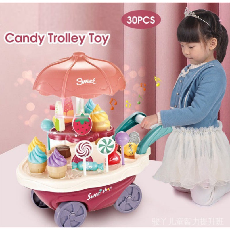 30 Pcs Plastic Ice Cream Candy Play Cart Kitchen Set Toy With Lights And Music For Kids