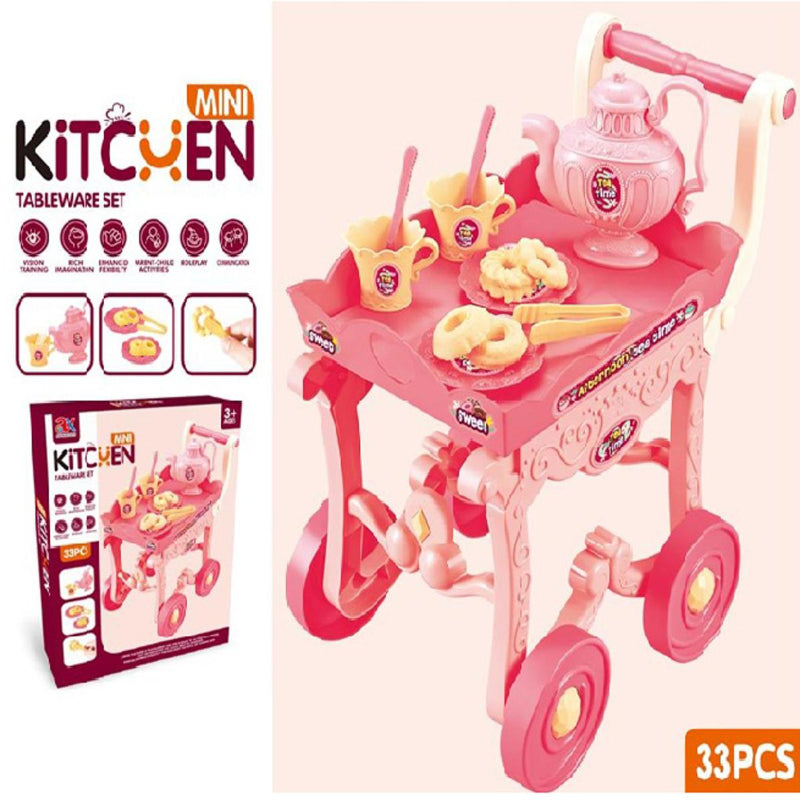 33Pcs Vibrant and Exciting Kitchen Tableware Toy Cart With Food Items And Utensils For Educational Play